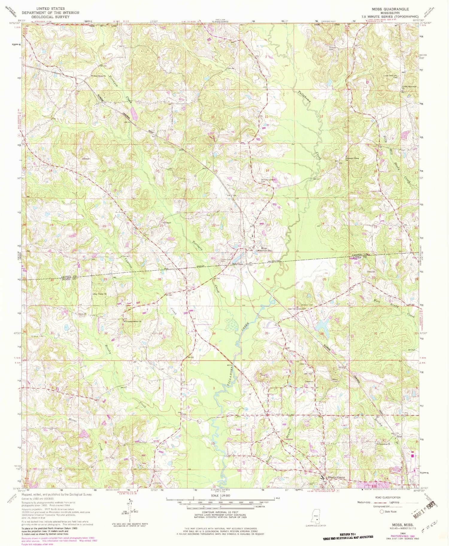 Classic USGS Moss Mississippi 7.5'x7.5' Topo Map Image