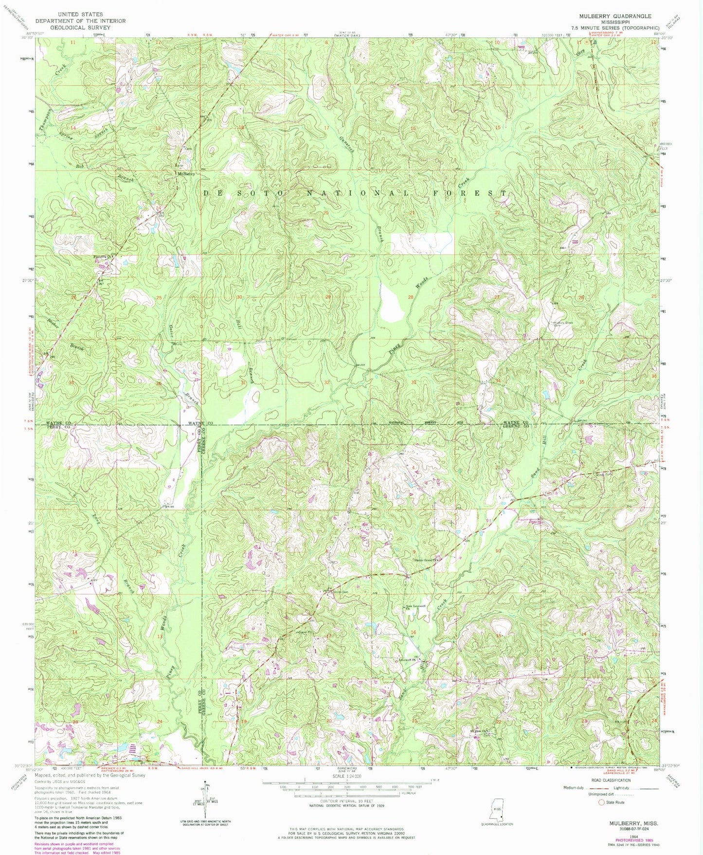 Classic USGS Mulberry Mississippi 7.5'x7.5' Topo Map Image
