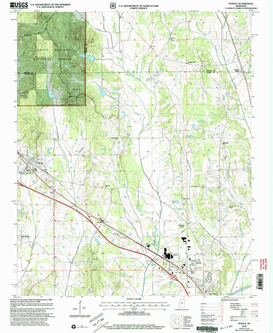 Classic USGS Myrtle Mississippi 7.5'x7.5' Topo Map Image