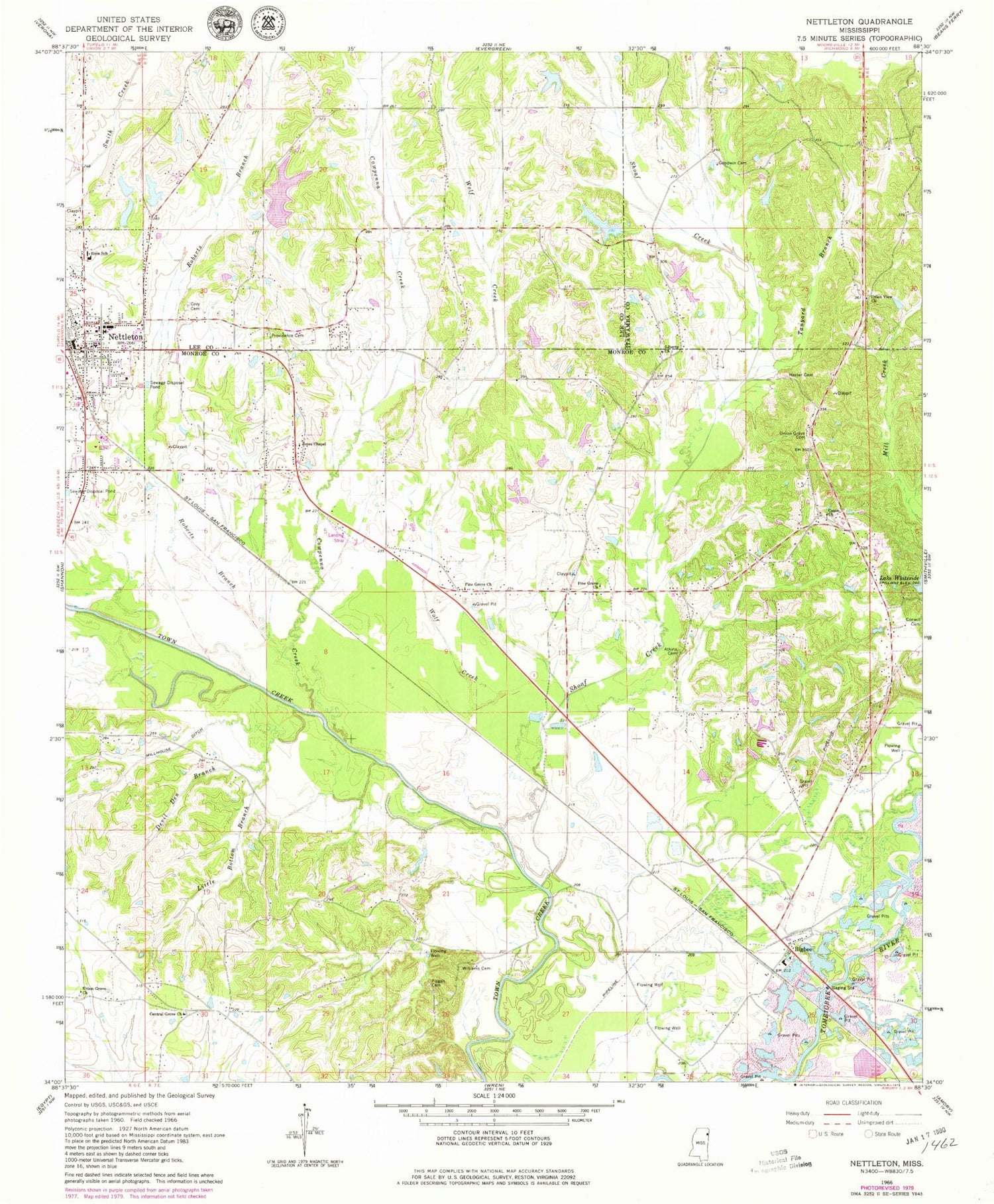 Classic USGS Nettleton Mississippi 7.5'x7.5' Topo Map Image