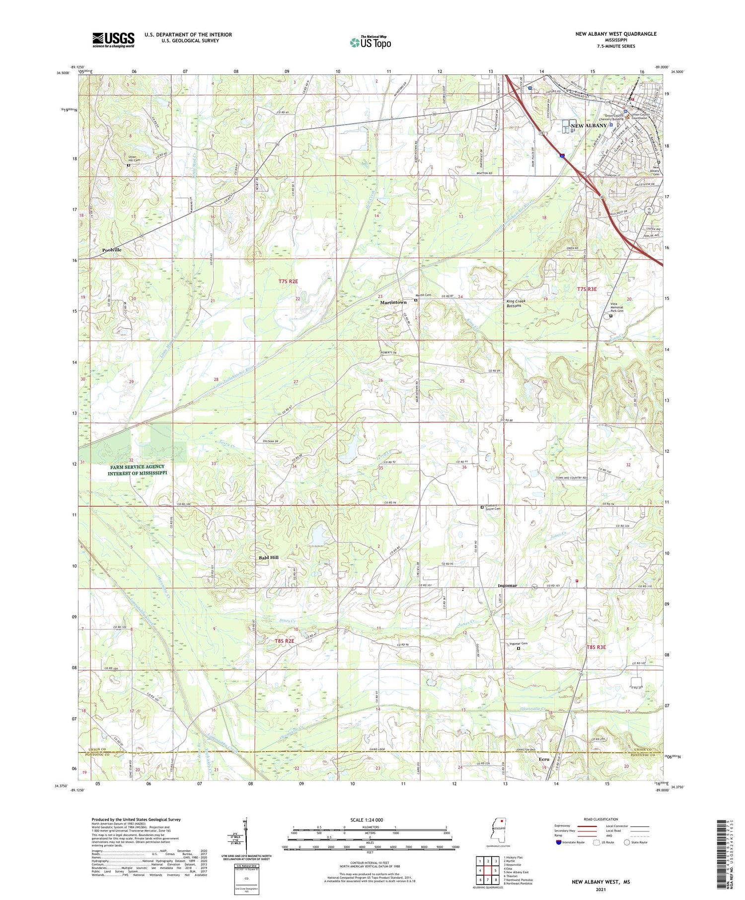 New Albany West Mississippi US Topo Map Image