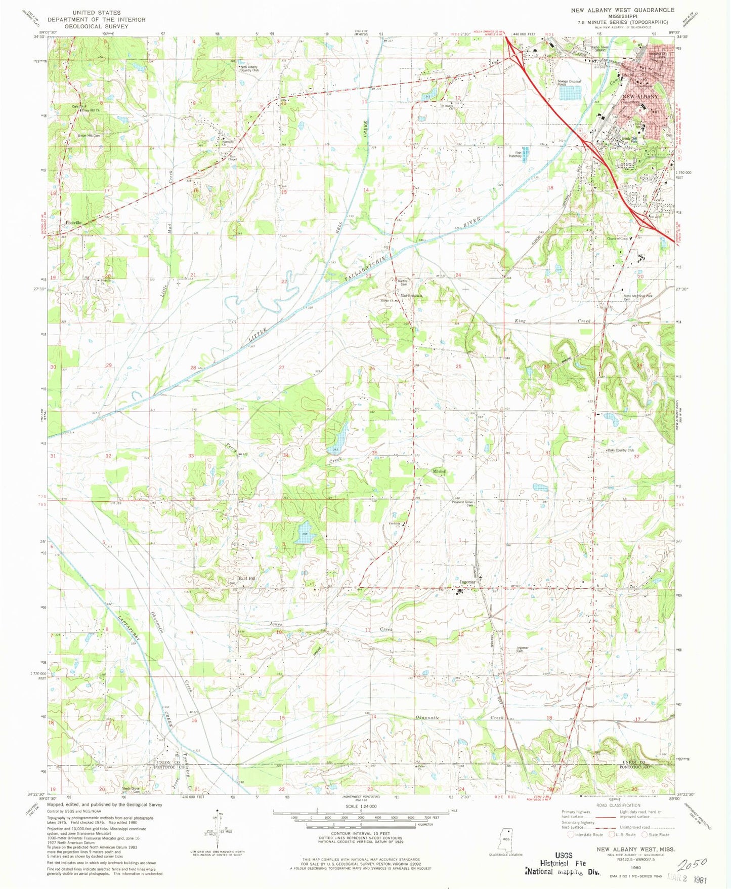Classic USGS New Albany West Mississippi 7.5'x7.5' Topo Map Image