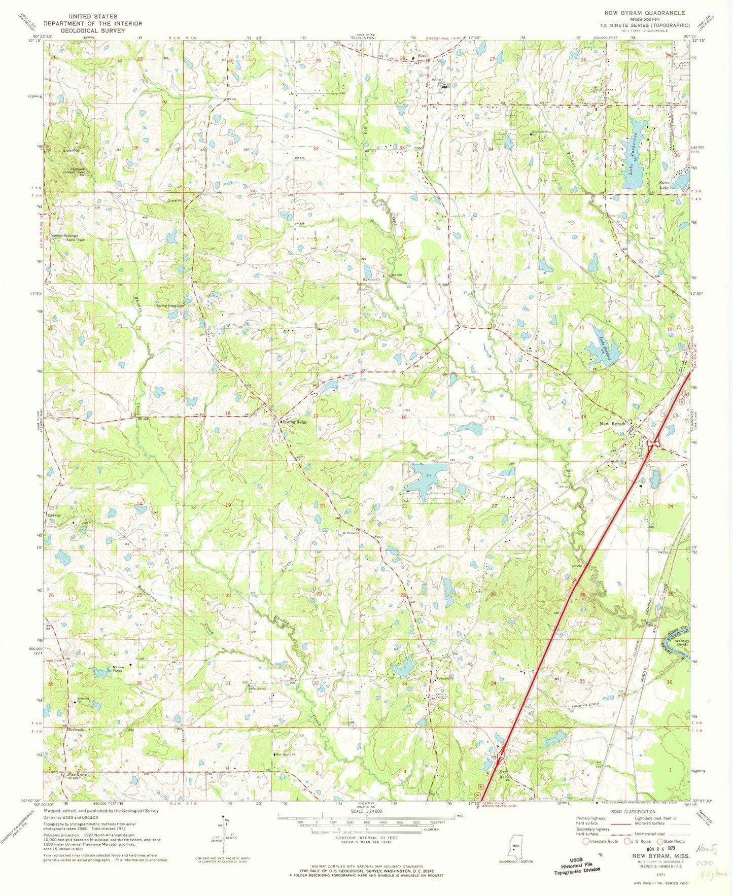 Classic USGS New Byram Mississippi 7.5'x7.5' Topo Map Image