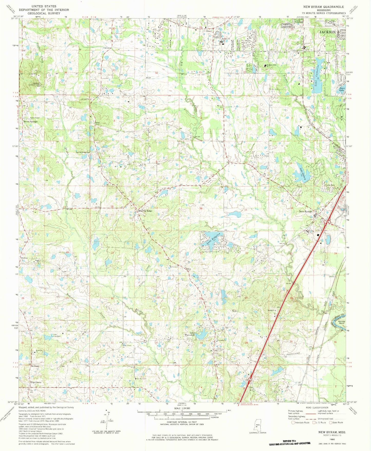 Classic USGS New Byram Mississippi 7.5'x7.5' Topo Map Image