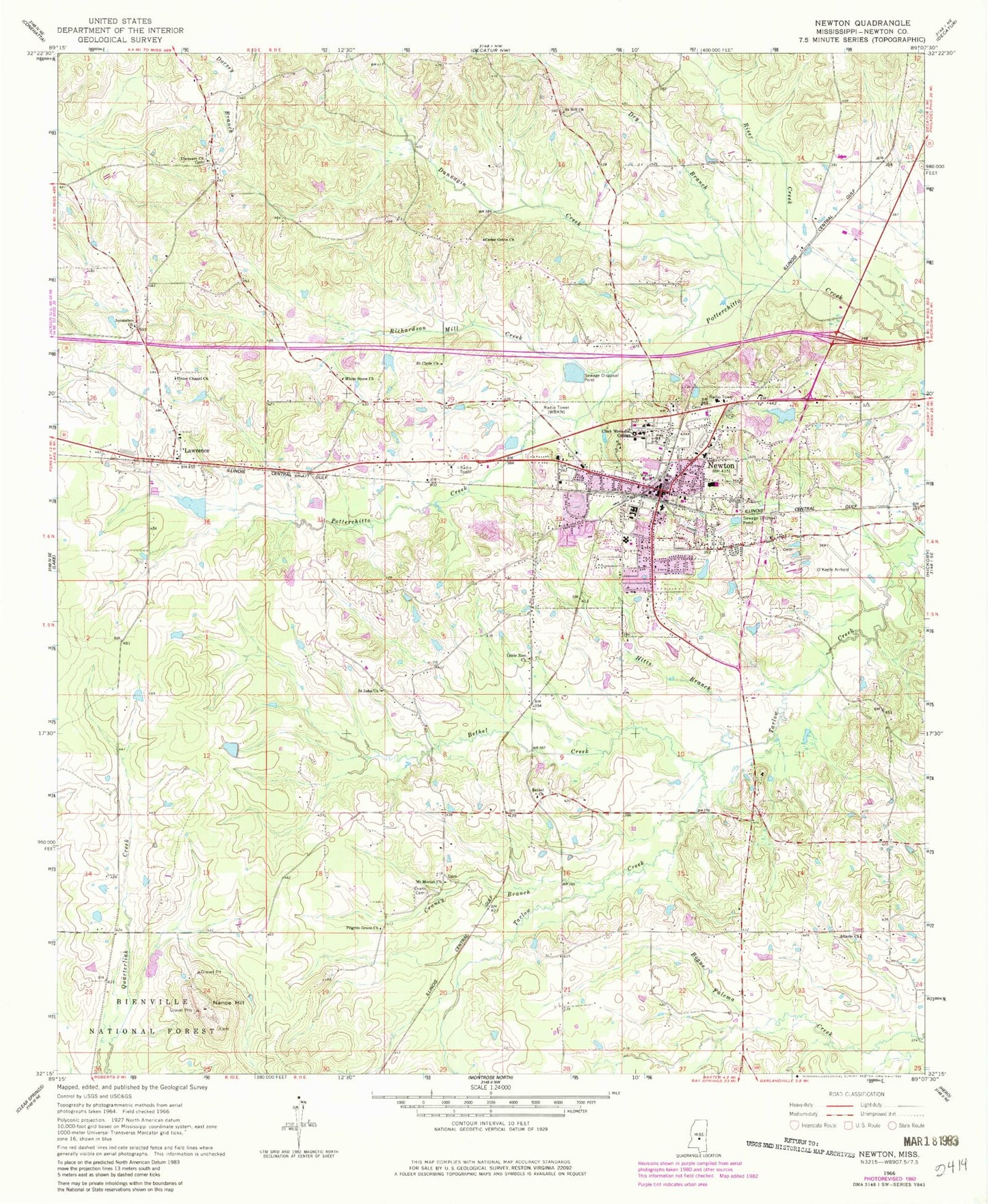 Classic USGS Newton Mississippi 7.5'x7.5' Topo Map Image