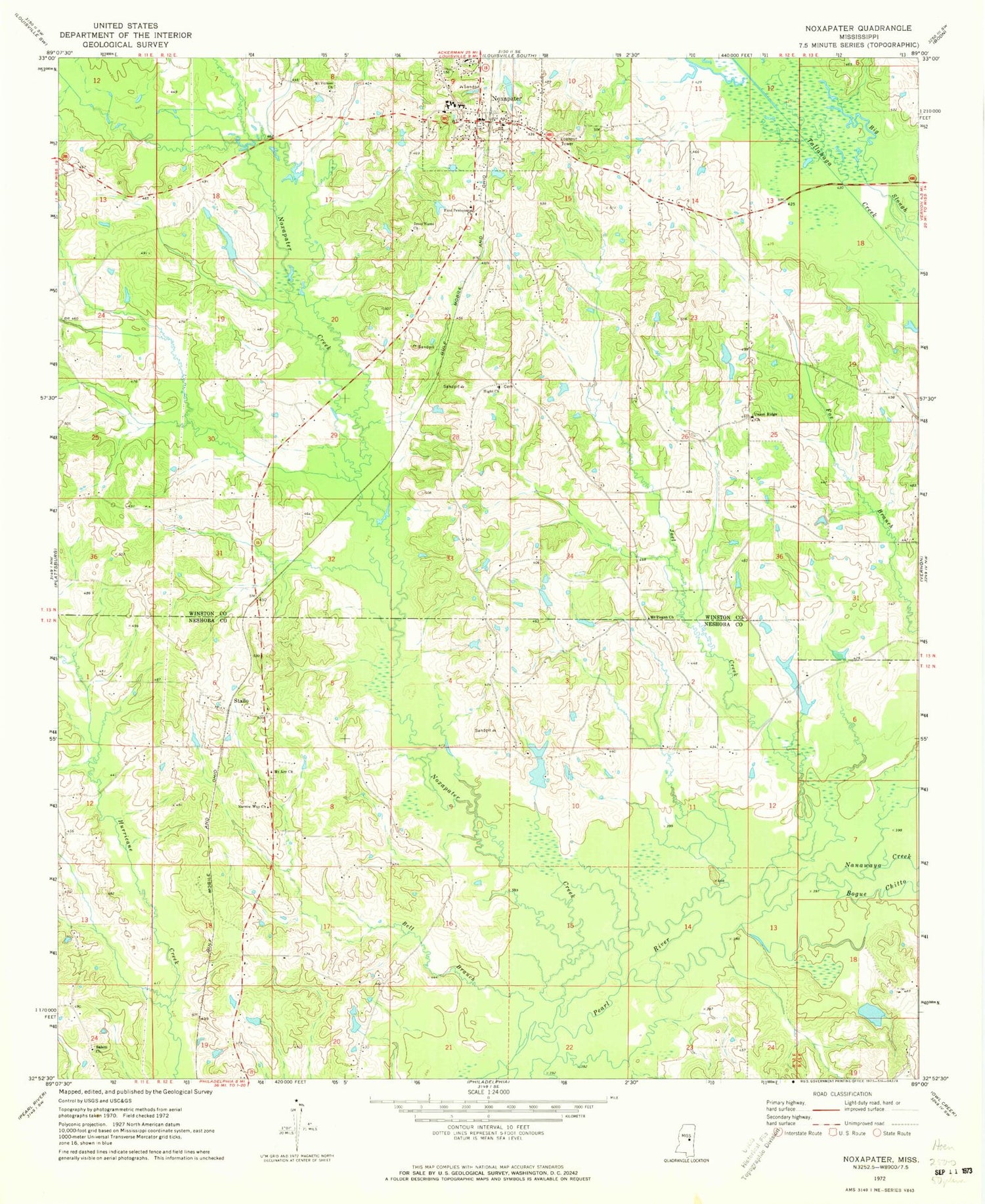 Classic USGS Noxapater Mississippi 7.5'x7.5' Topo Map Image
