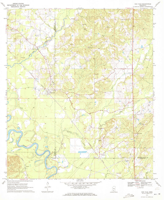 Classic USGS Oak Vale Mississippi 7.5'x7.5' Topo Map Image