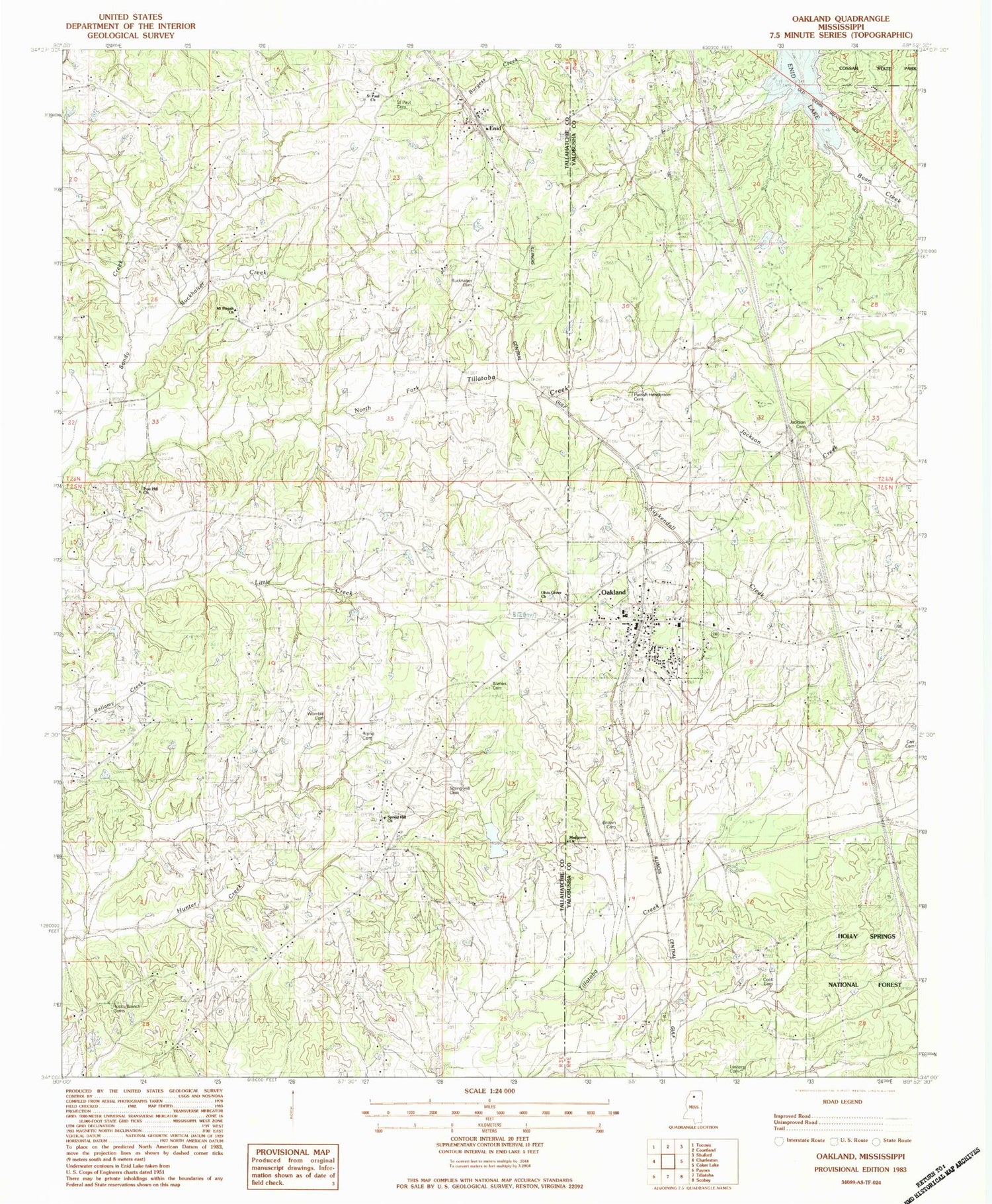 Classic USGS Oakland Mississippi 7.5'x7.5' Topo Map Image
