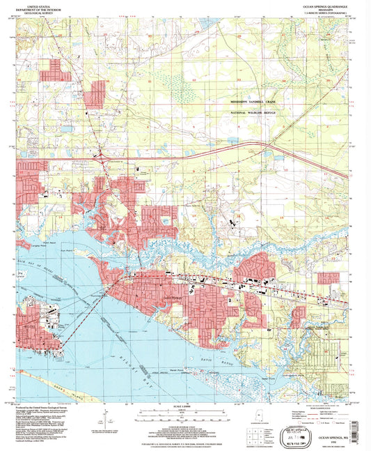 Classic USGS Ocean Springs Mississippi 7.5'x7.5' Topo Map Image