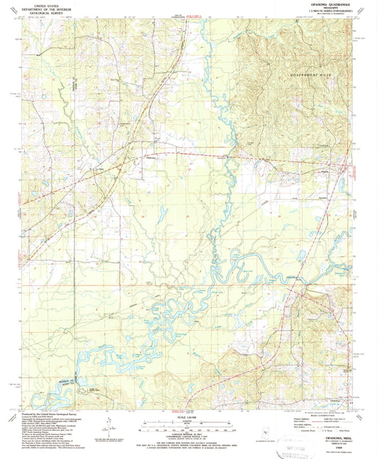 Classic USGS Ofahoma Mississippi 7.5'x7.5' Topo Map Image