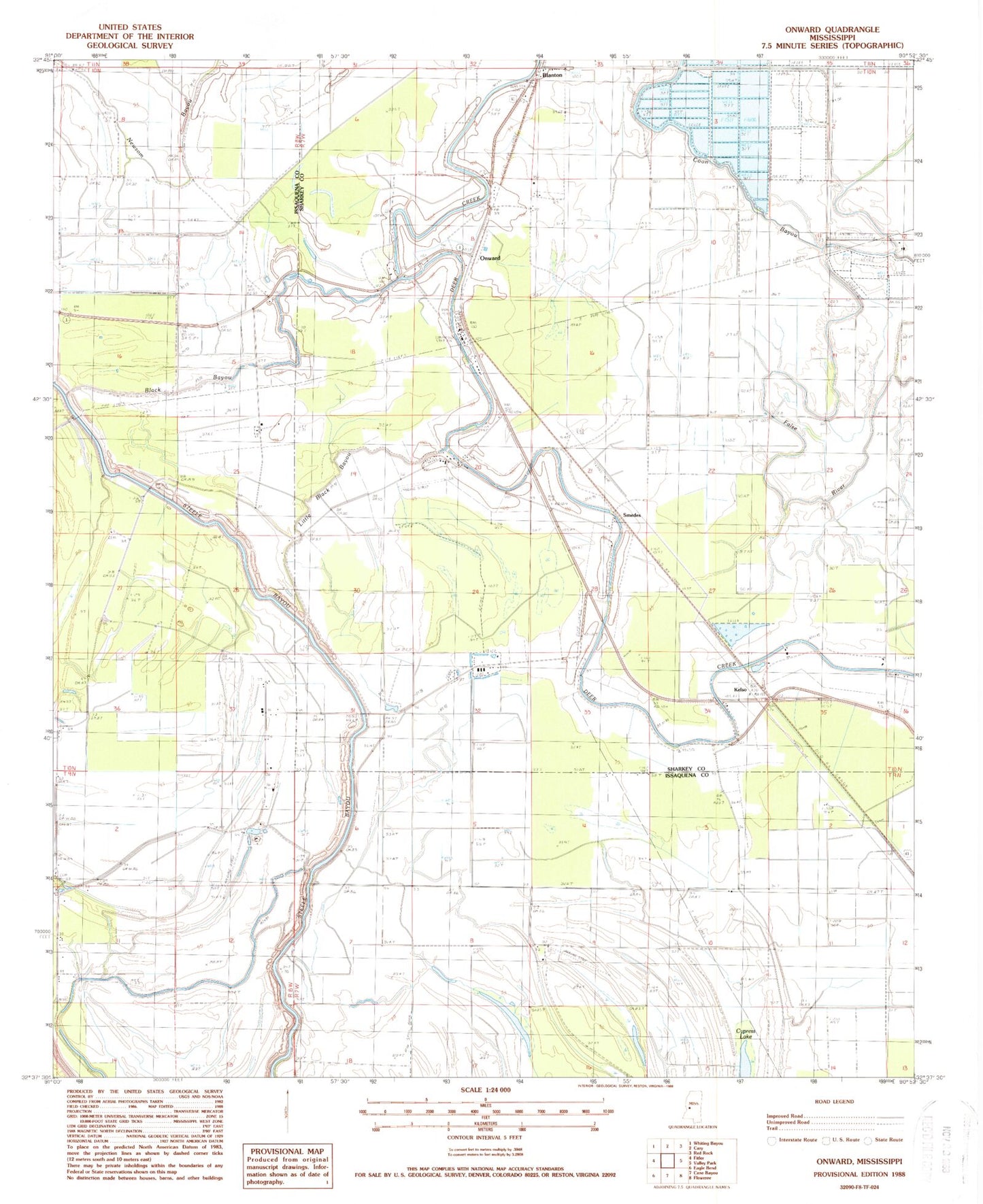 Classic USGS Onward Mississippi 7.5'x7.5' Topo Map Image
