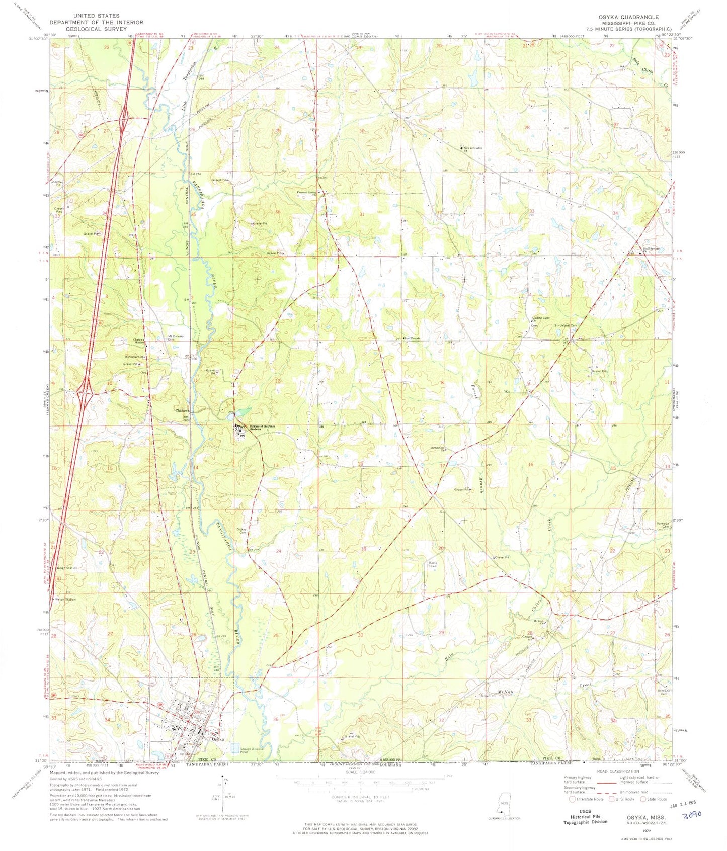 Classic USGS Osyka Mississippi 7.5'x7.5' Topo Map Image