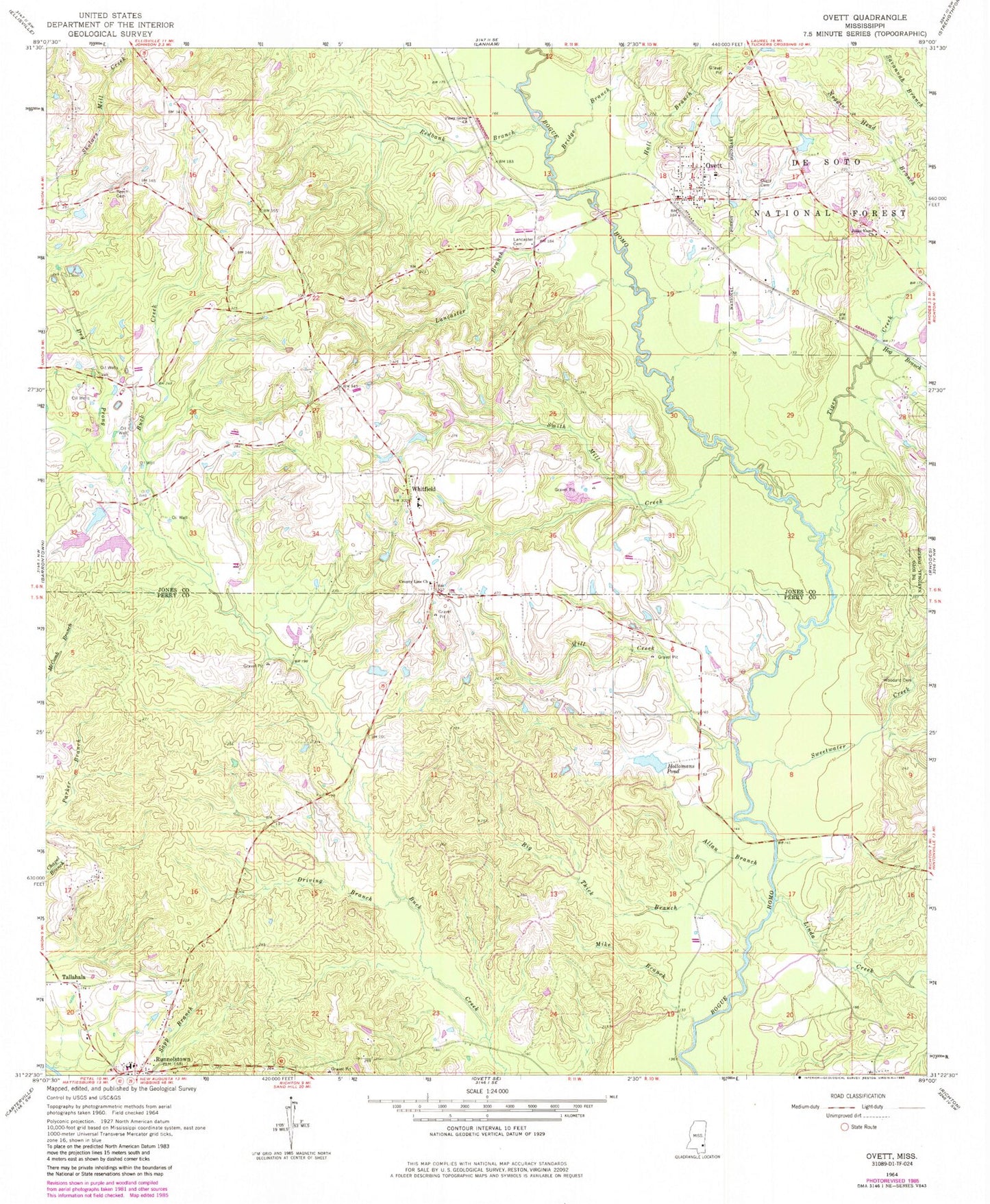 Classic USGS Ovett Mississippi 7.5'x7.5' Topo Map Image