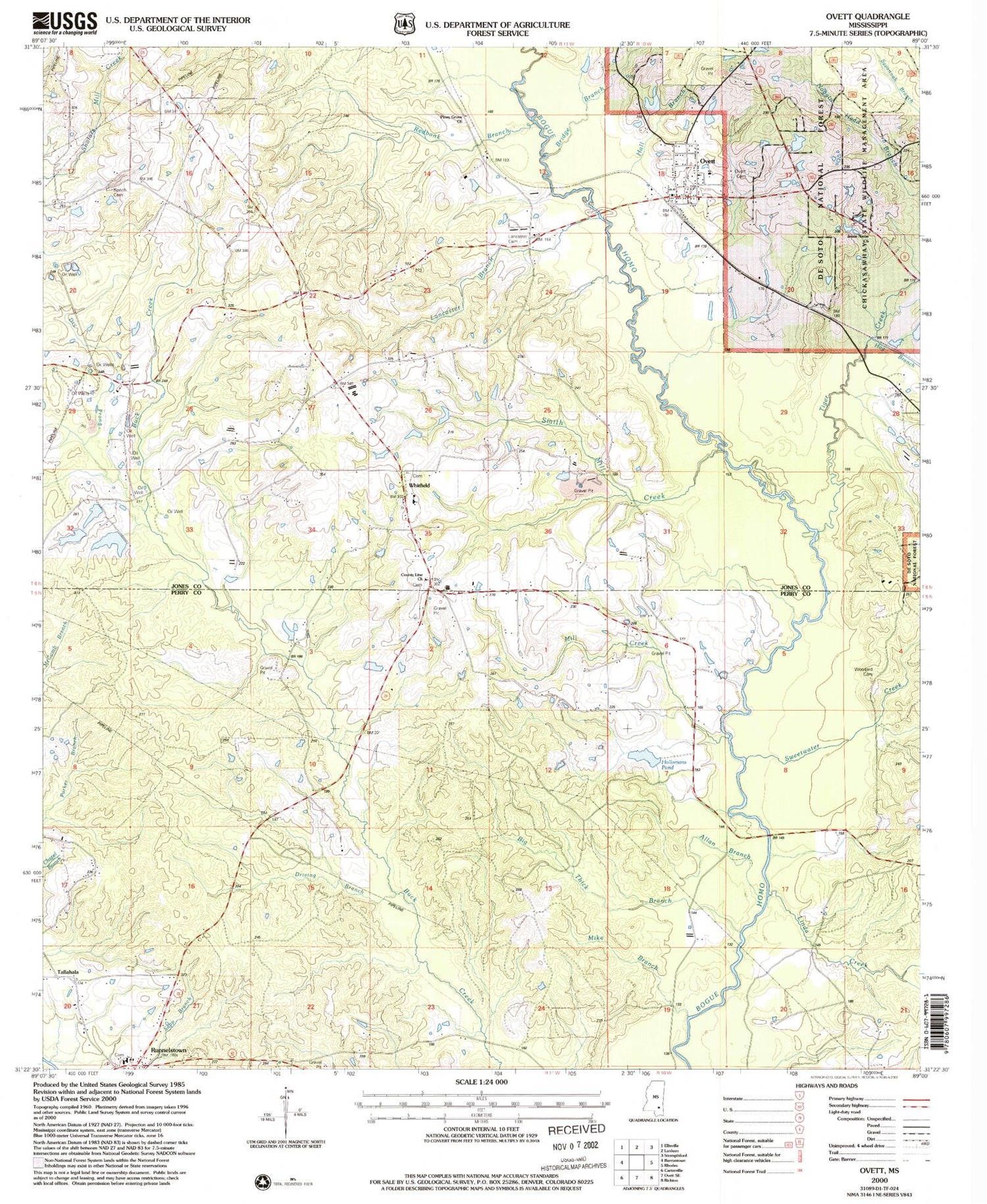 Classic USGS Ovett Mississippi 7.5'x7.5' Topo Map Image