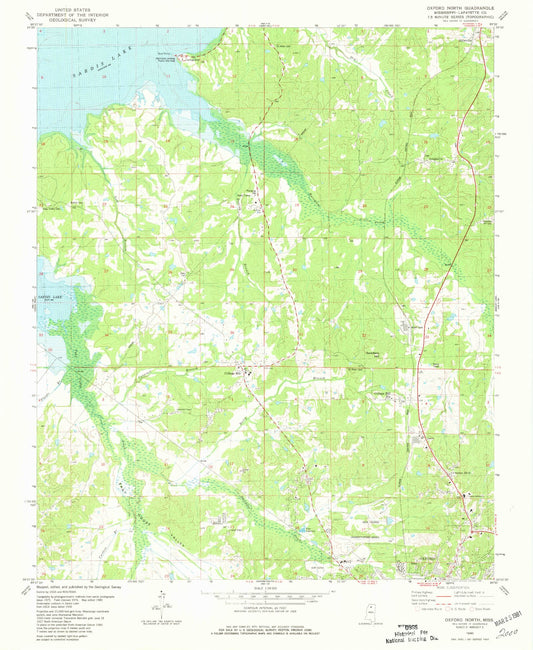 Classic USGS Oxford North Mississippi 7.5'x7.5' Topo Map Image