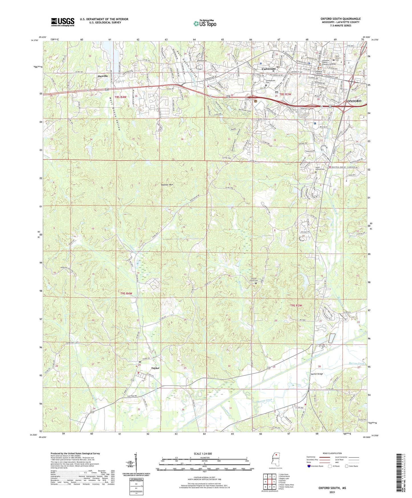 Oxford South Mississippi US Topo Map Image