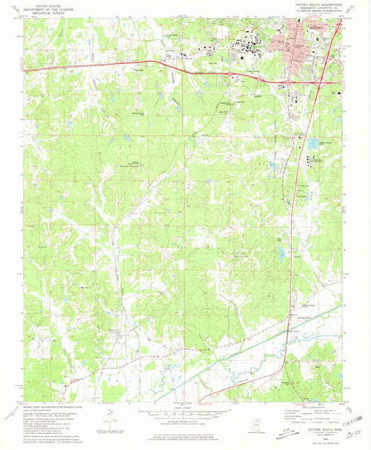 Classic USGS Oxford South Mississippi 7.5'x7.5' Topo Map Image