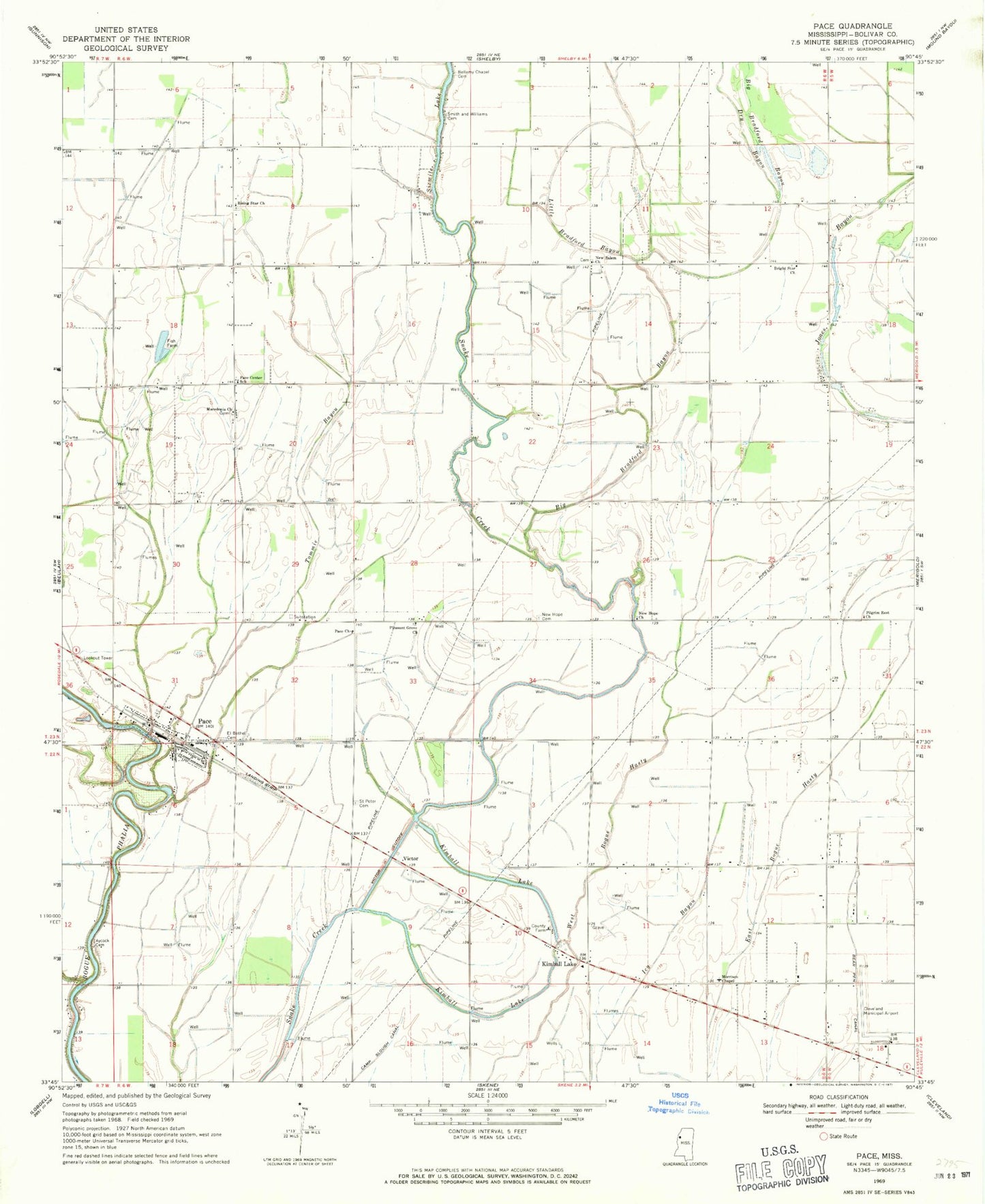 Classic USGS Pace Mississippi 7.5'x7.5' Topo Map Image