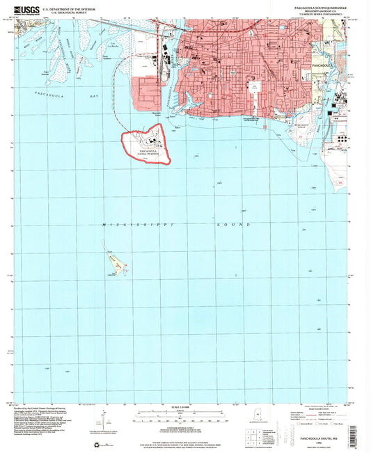 Classic USGS Pascagoula South Mississippi 7.5'x7.5' Topo Map Image