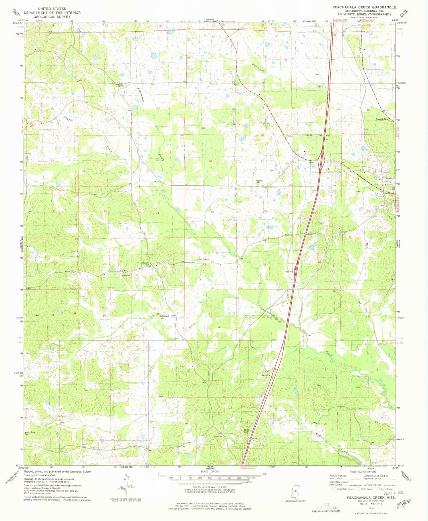 Classic USGS Peachahala Creek Mississippi 7.5'x7.5' Topo Map Image