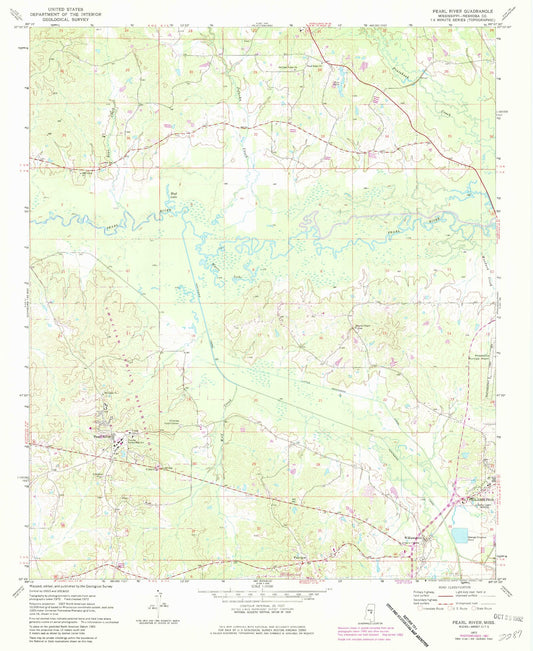Classic USGS Pearl River Mississippi 7.5'x7.5' Topo Map Image
