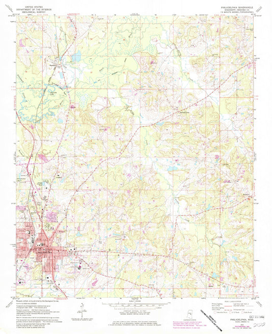 Classic USGS Philadelphia Mississippi 7.5'x7.5' Topo Map Image