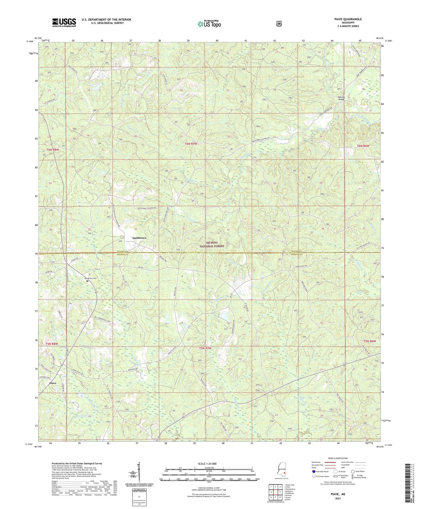 Piave Mississippi US Topo Map Image