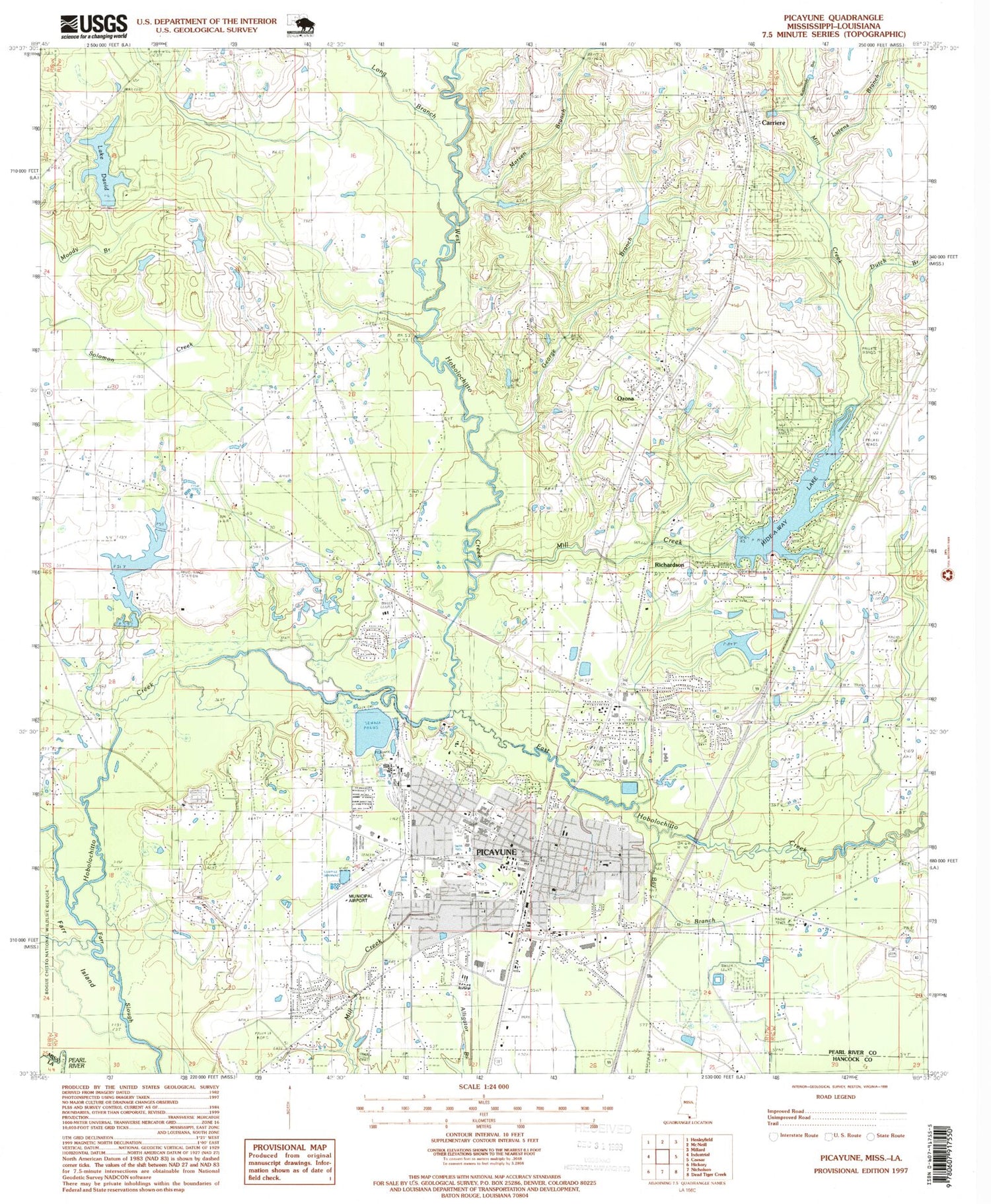 Classic USGS Picayune Mississippi 7.5'x7.5' Topo Map Image