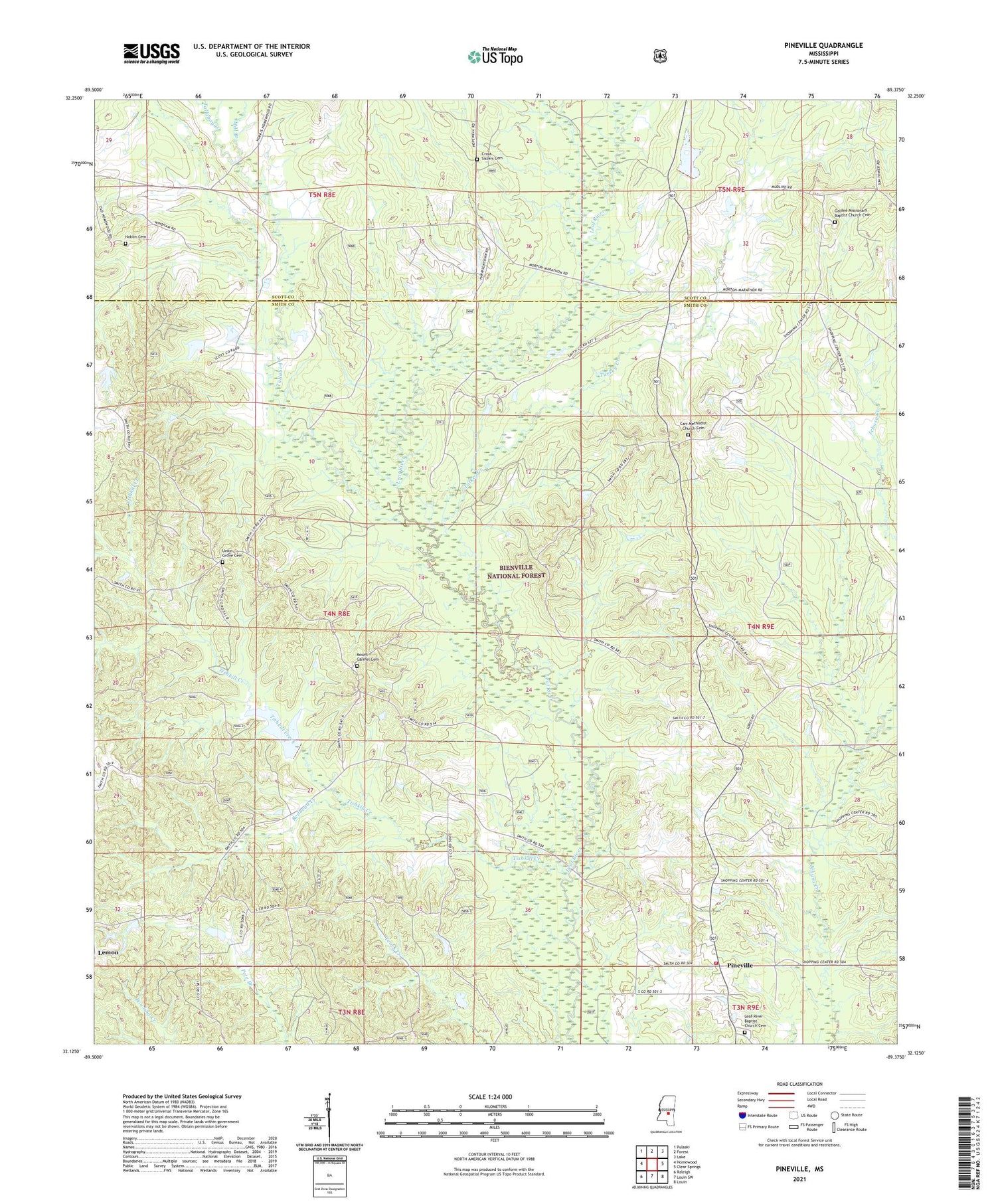 Pineville Mississippi US Topo Map Image