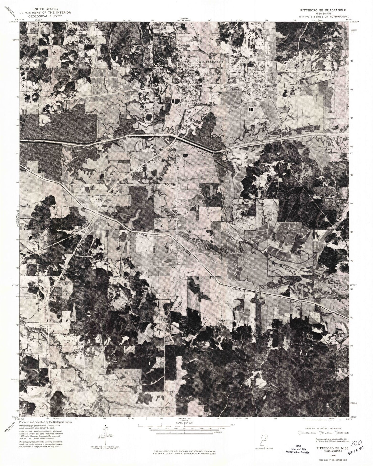 Classic USGS Calhoun City Mississippi 7.5'x7.5' Topo Map Image