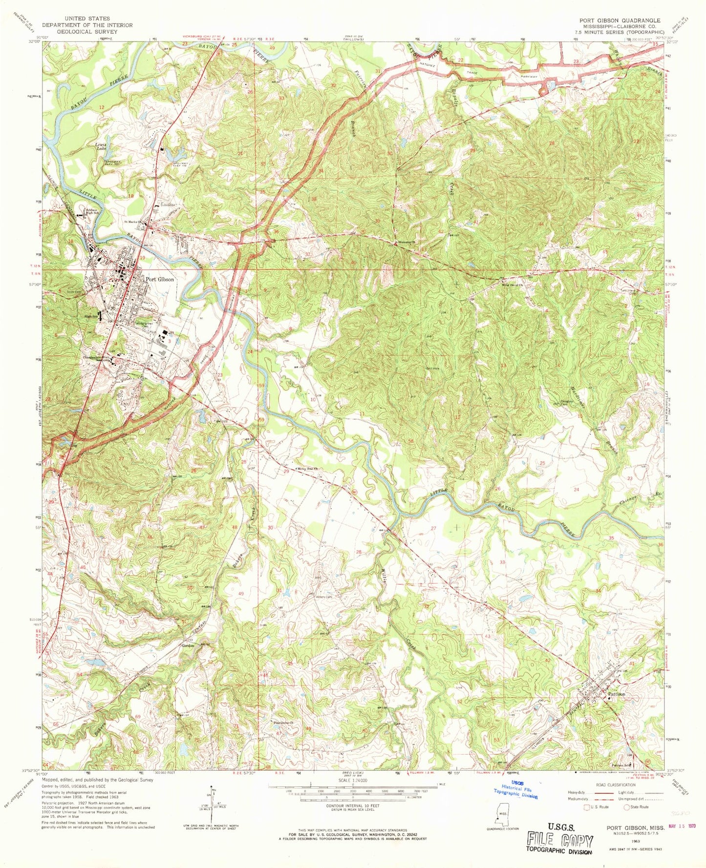 Classic USGS Port Gibson Mississippi 7.5'x7.5' Topo Map Image