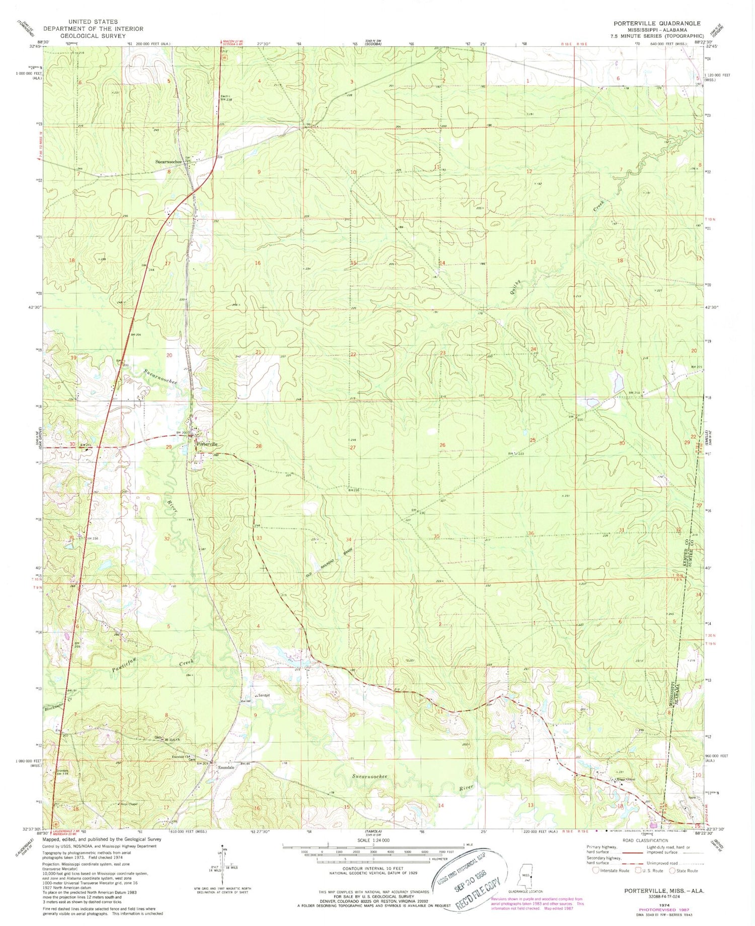 Classic USGS Porterville Mississippi 7.5'x7.5' Topo Map Image