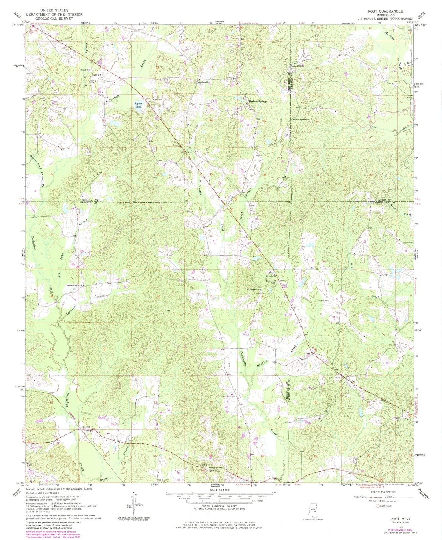 Classic USGS Post Mississippi 7.5'x7.5' Topo Map Image