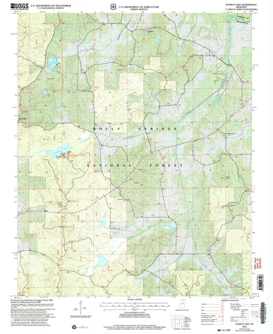 Classic USGS Puskus Lake Mississippi 7.5'x7.5' Topo Map Image