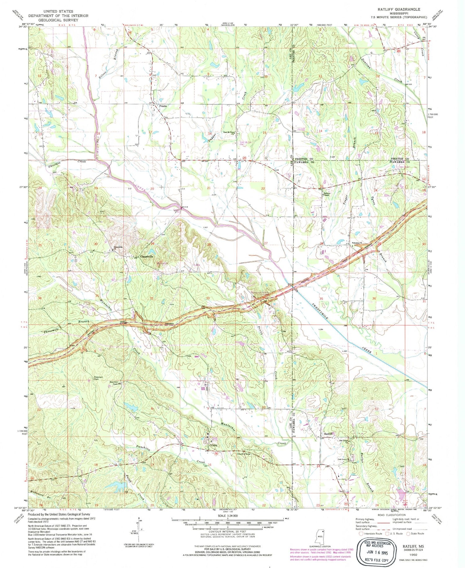 Classic USGS Ratliff Mississippi 7.5'x7.5' Topo Map Image