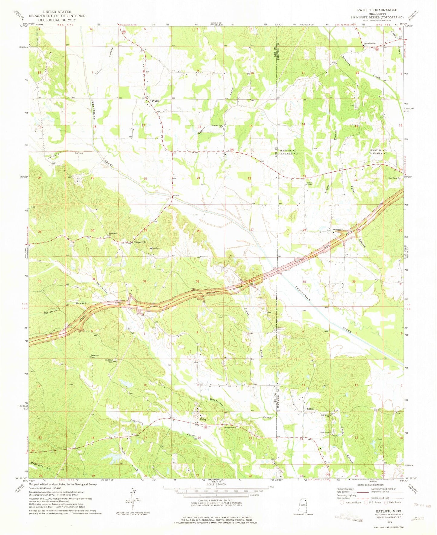 Classic USGS Ratliff Mississippi 7.5'x7.5' Topo Map Image