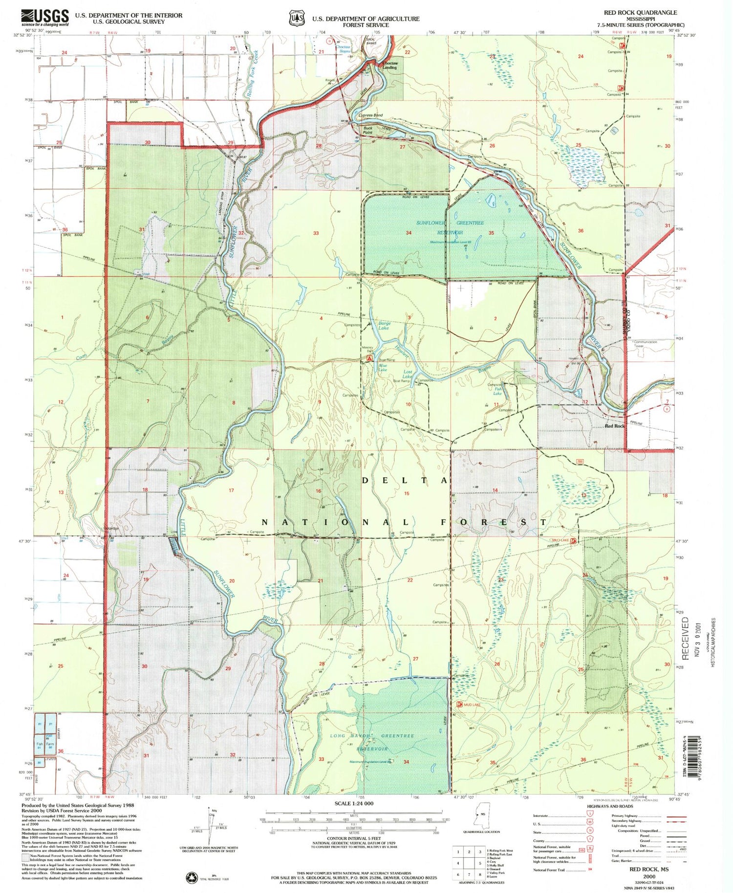 Classic USGS Red Rock Mississippi 7.5'x7.5' Topo Map Image