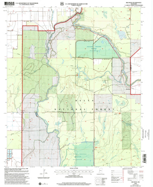 Classic USGS Red Rock Mississippi 7.5'x7.5' Topo Map Image