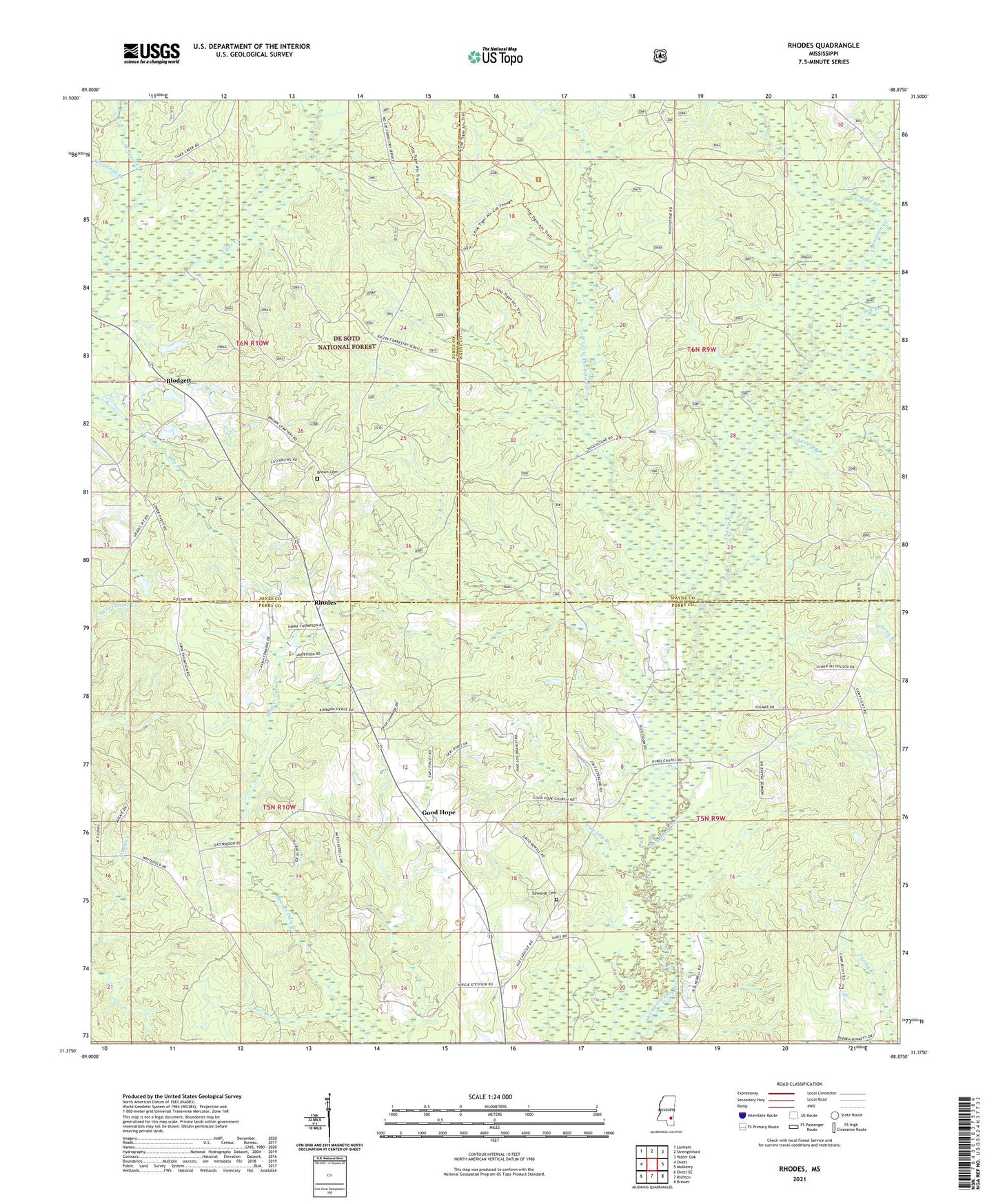 Rhodes Mississippi US Topo Map Image