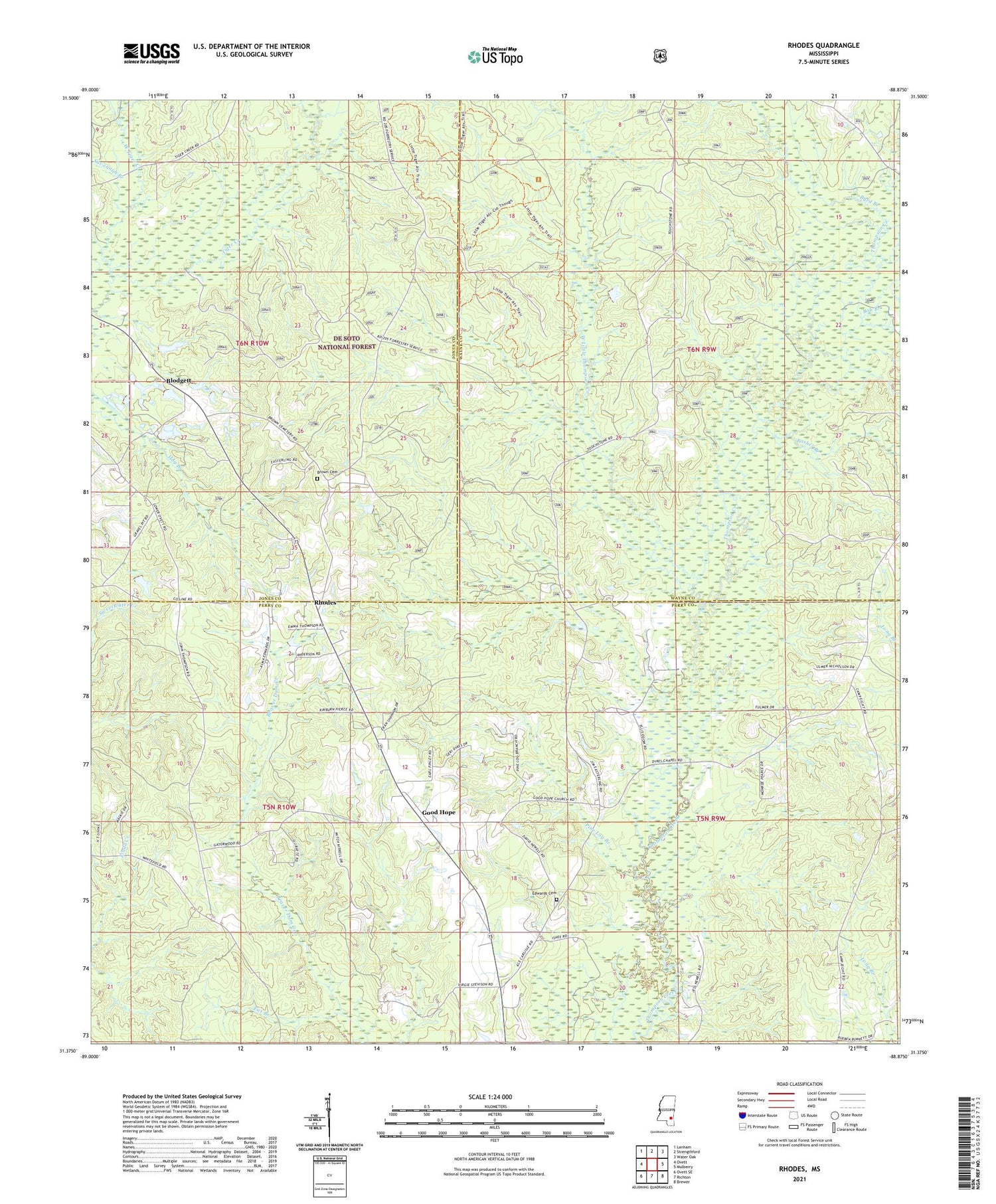 Rhodes Mississippi US Topo Map Image