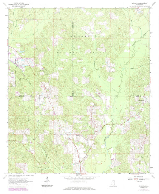 Classic USGS Rhodes Mississippi 7.5'x7.5' Topo Map Image