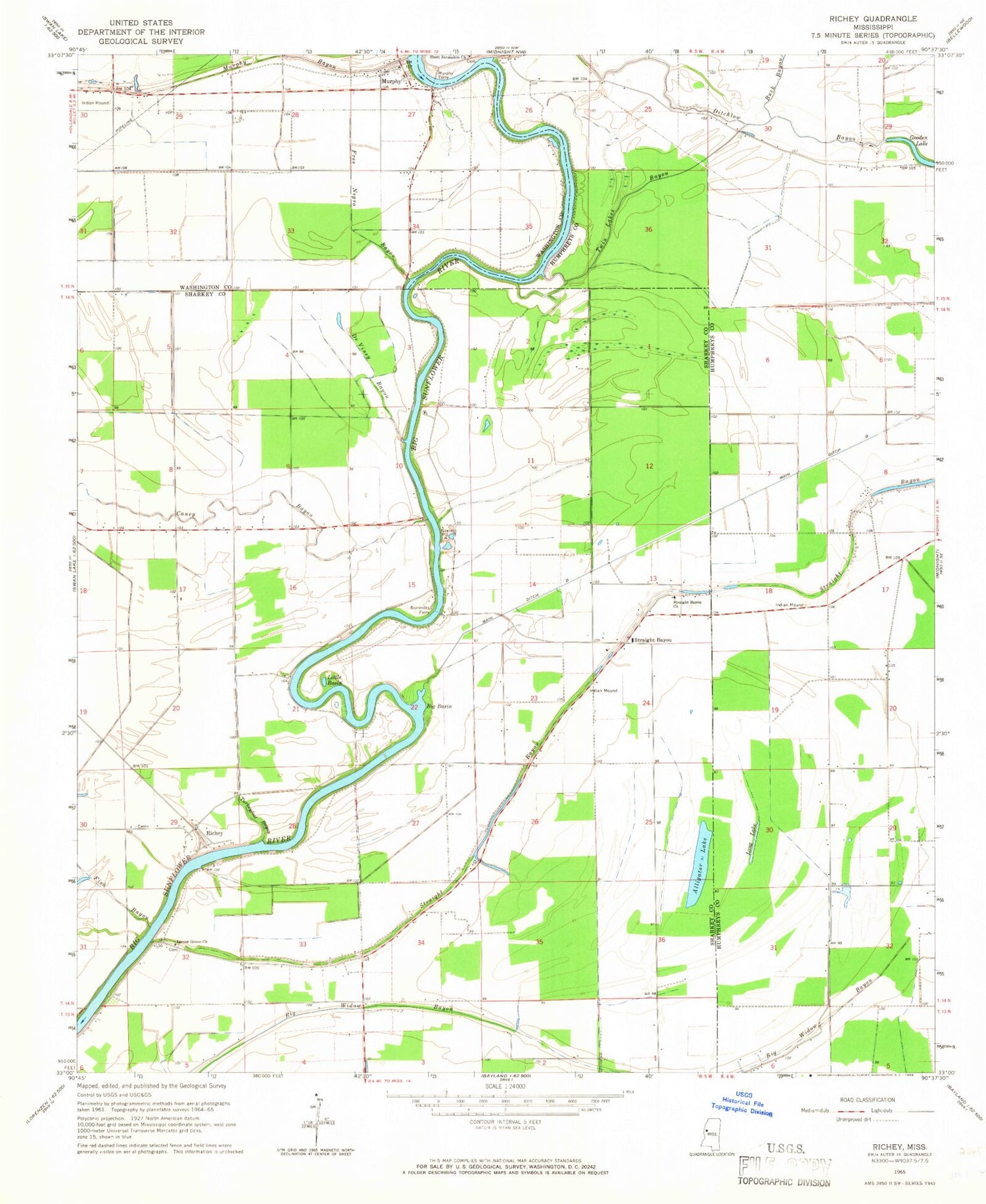 Classic USGS Richey Mississippi 7.5'x7.5' Topo Map Image