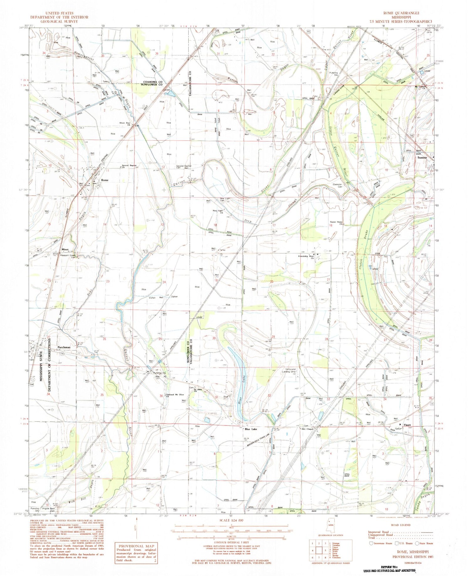Classic USGS Rome Mississippi 7.5'x7.5' Topo Map Image