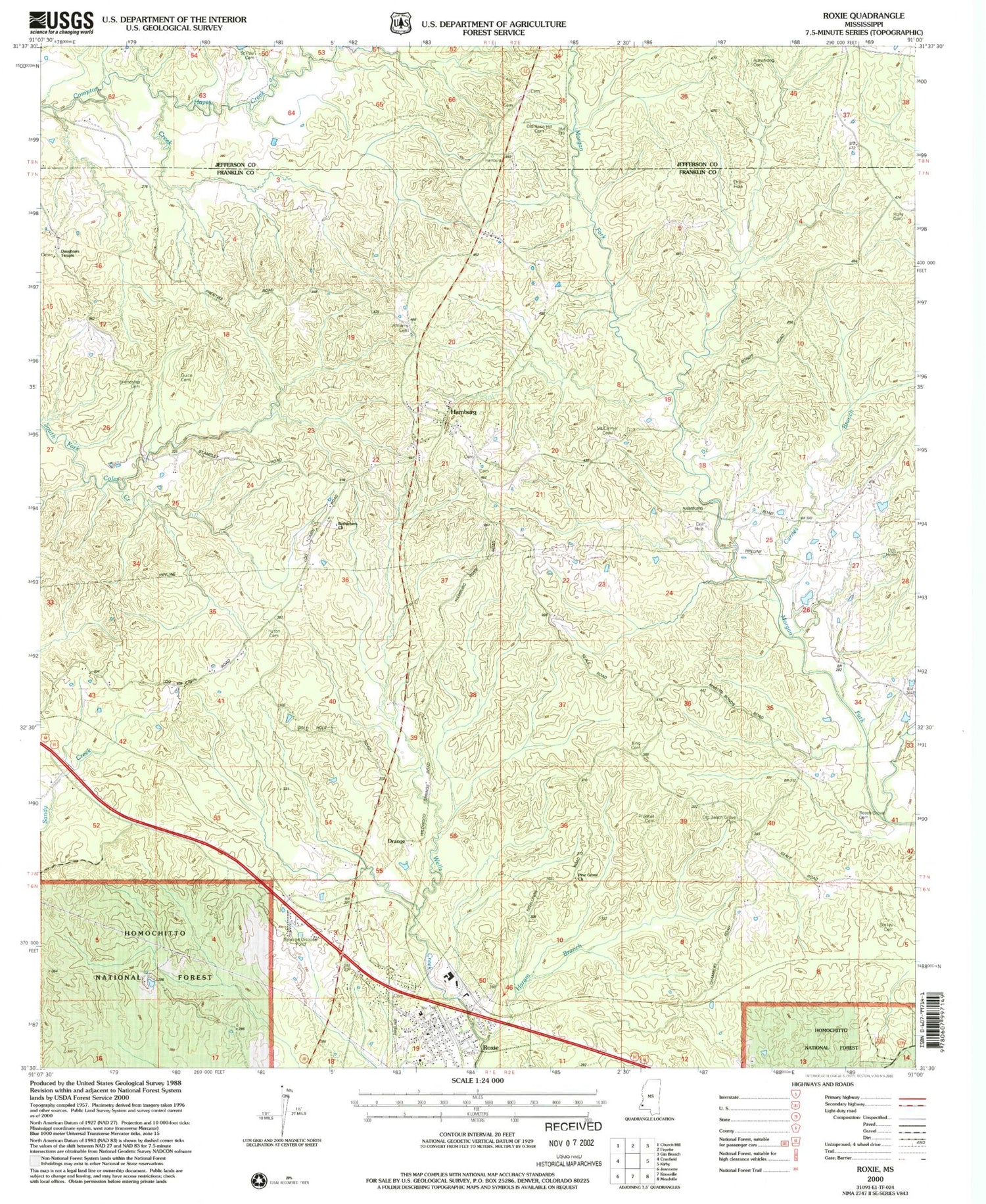 Classic USGS Roxie Mississippi 7.5'x7.5' Topo Map Image