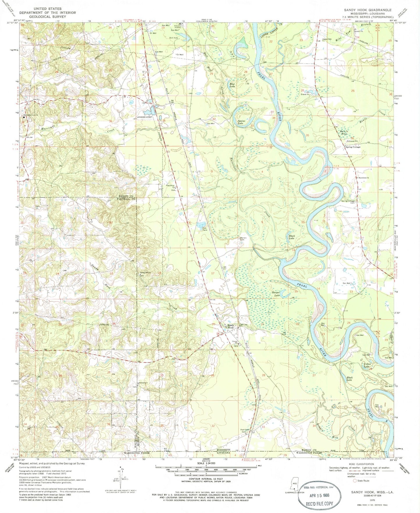 Classic USGS Sandy Hook Mississippi 7.5'x7.5' Topo Map Image