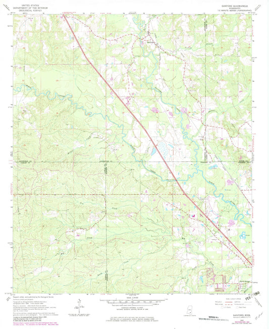 Classic USGS Sanford Mississippi 7.5'x7.5' Topo Map Image