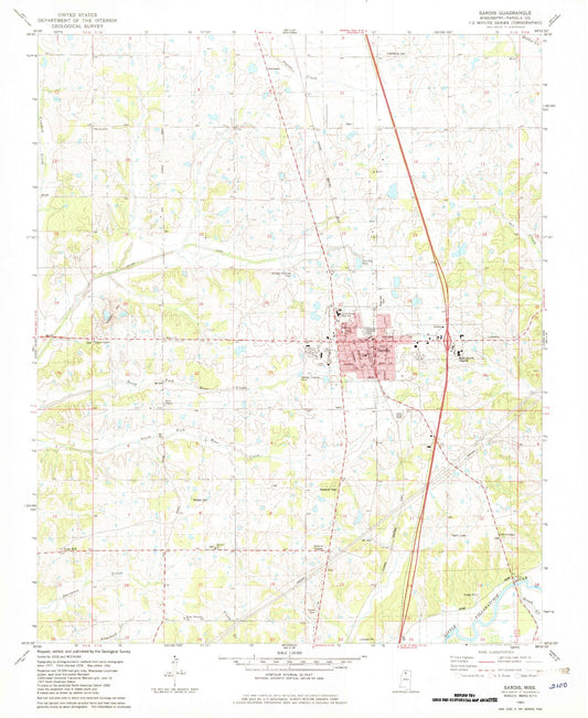 Classic USGS Sardis Mississippi 7.5'x7.5' Topo Map Image