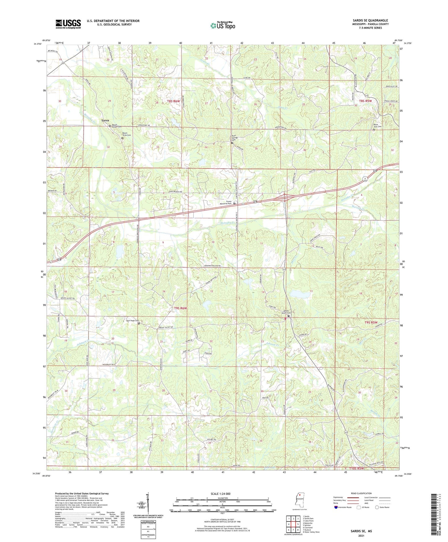 Sardis SE Mississippi US Topo Map Image