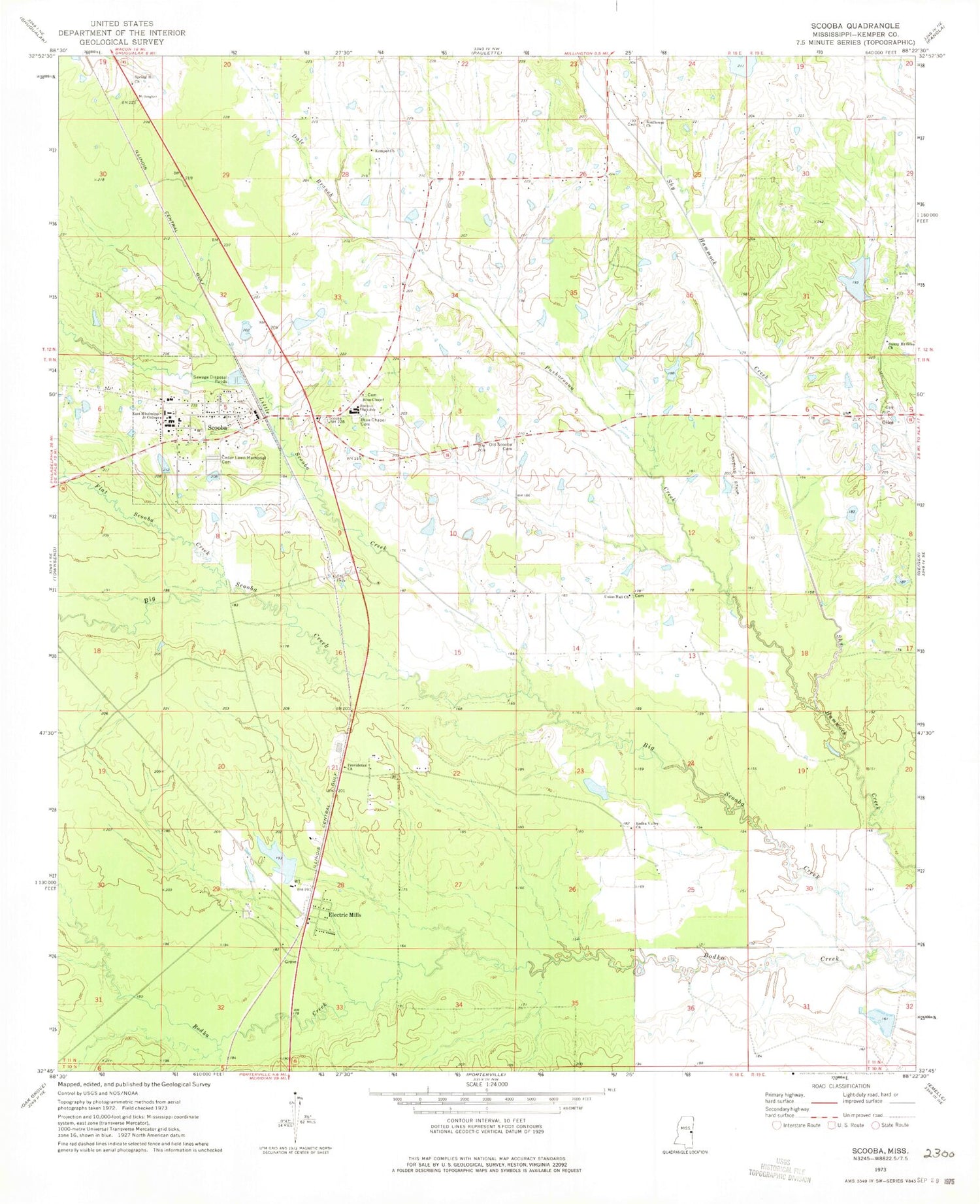Classic USGS Scooba Mississippi 7.5'x7.5' Topo Map Image