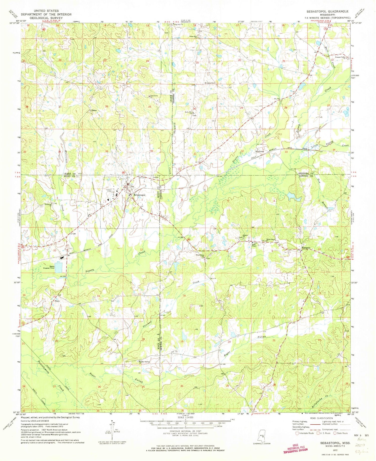 Classic USGS Sebastopol Mississippi 7.5'x7.5' Topo Map Image